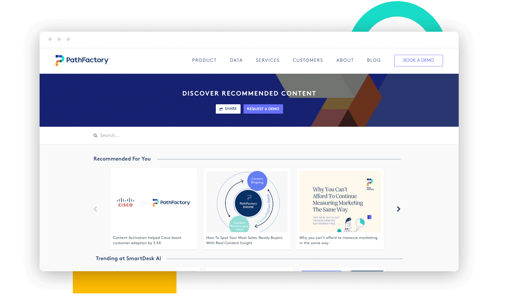 A demonstration of the recommendation modules PathFactory's Website Tools allows marketers to build into their website. In this case a website is labelled "Discover Recommended Content" and below there are rows of content separated by their recommendation method: "Recommended for you", "Trending at SmarkDesk.Ai" and "Recently Viewed"