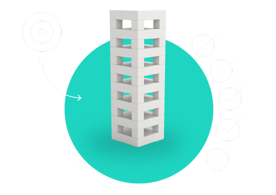 A stylized illustration of a single building with a target icon pointing to it on the left and 5 check mark icons on its right.